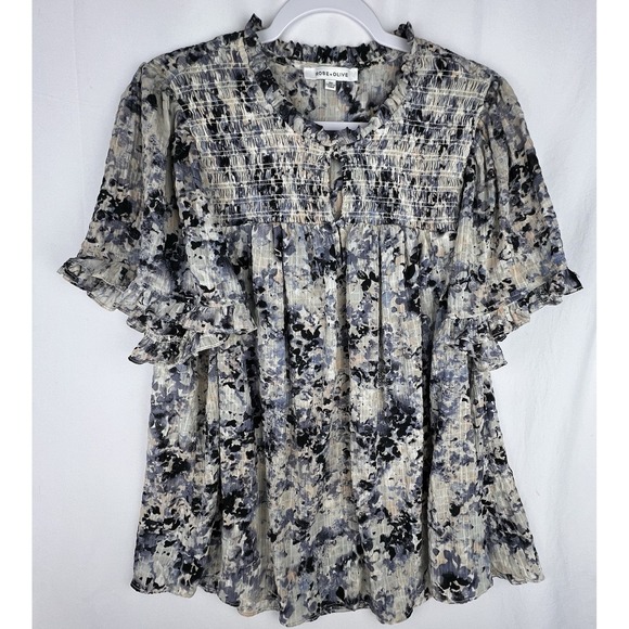 ROSE + OLIVE Tops - Rose + Olive 2X Floral Smocked Boho Blouse Ruffle Sleeve Cottagecore Peasant Top